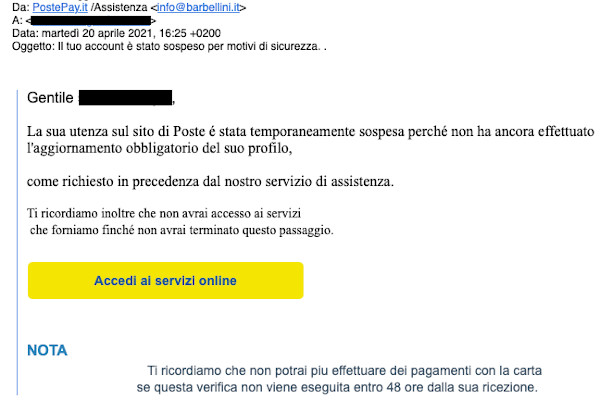 Email di accesso di Poste Italiane - Una mail fasulla