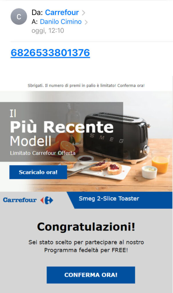 Una delle email false da Carrefour