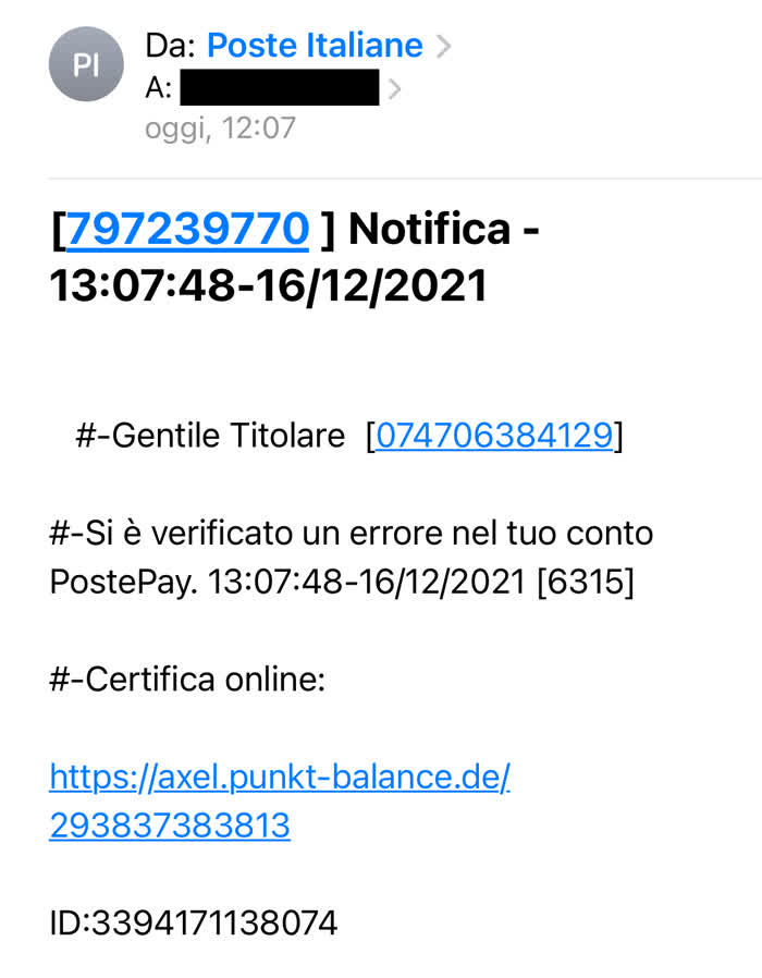 Email false da Poste Italiane: esempio di messaggio