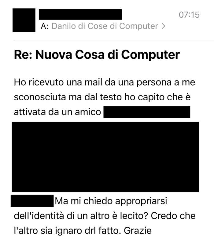 Messaggio in cui mi si chiede se il furto d'identità è lecito