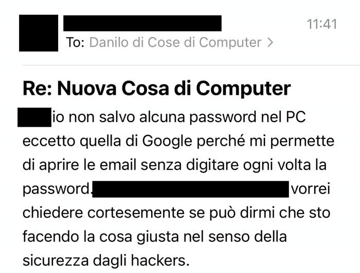 Mail in cui mi si chiede se google password manager è sicuro