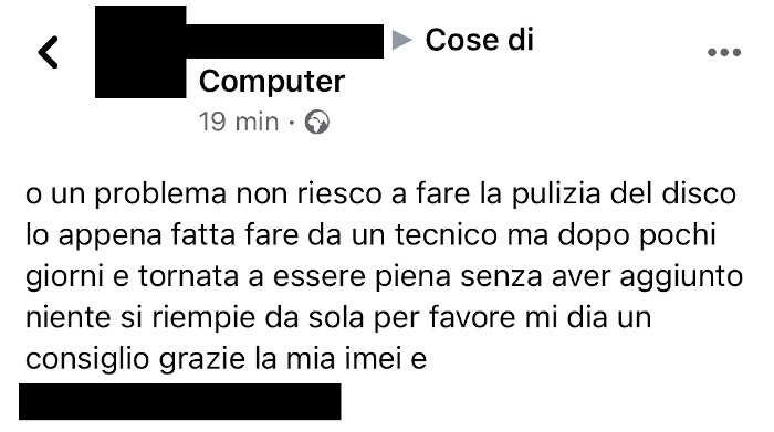 Hard disk che si riempie - commento alla pagina Facebook di Cose di Computer