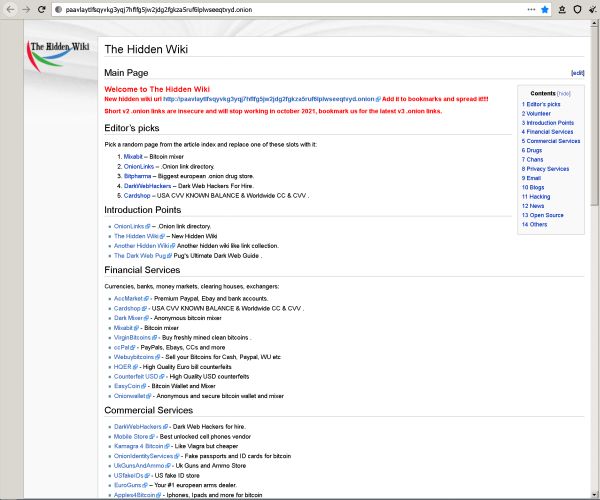 Motori di ricerca dark web - La home page della hidden wiki