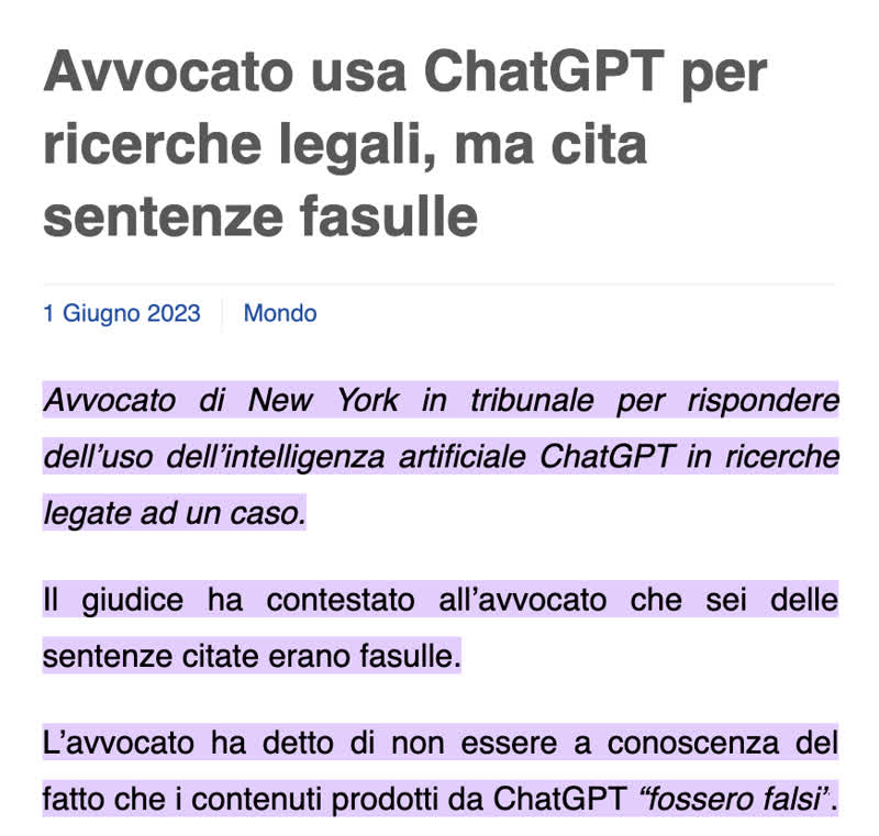 Titolo di giornale su un'avvocato che è stato sottoposto a provvedimenti disciplinari per aver usato ChatGPT per una causa