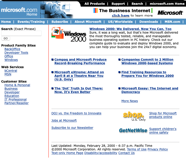 Internet archive: la home page del sito della microsoft il 29 febbraio del 2000