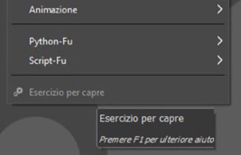 Menu di GIMP con la voce "esercizio per capre"