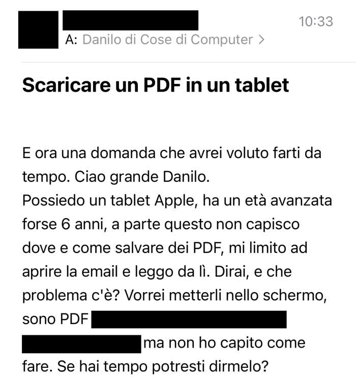 Mail in cui mi si chiede come leggere i PDF con un tablet