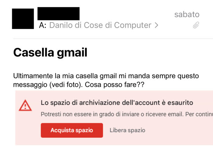 Messaggio in cui mi si chiede come liberare spazio su Gmail