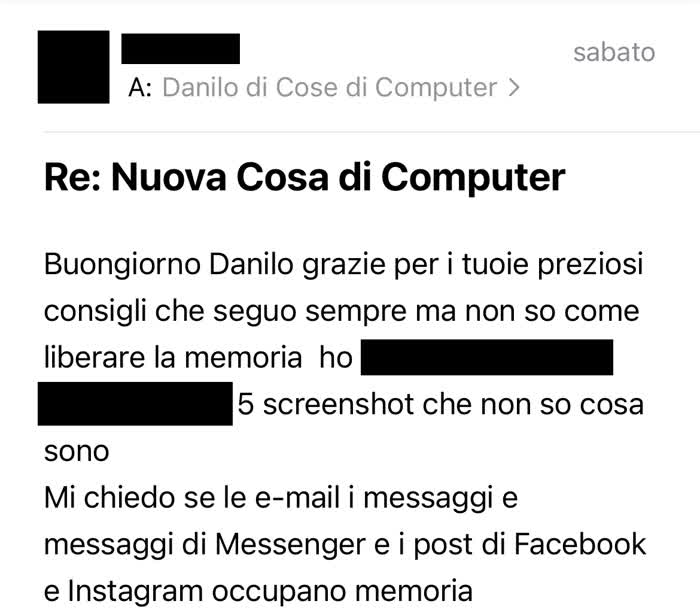 Messaggio in cui mi si chiede come liberare spazio sul cellulare