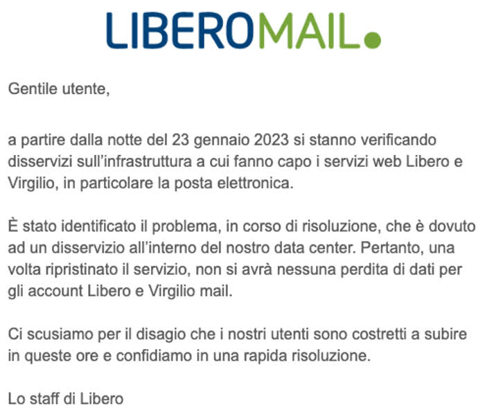 Libero Mail non funziona, come segnalato dallo stesso provider sul sito ufficiale