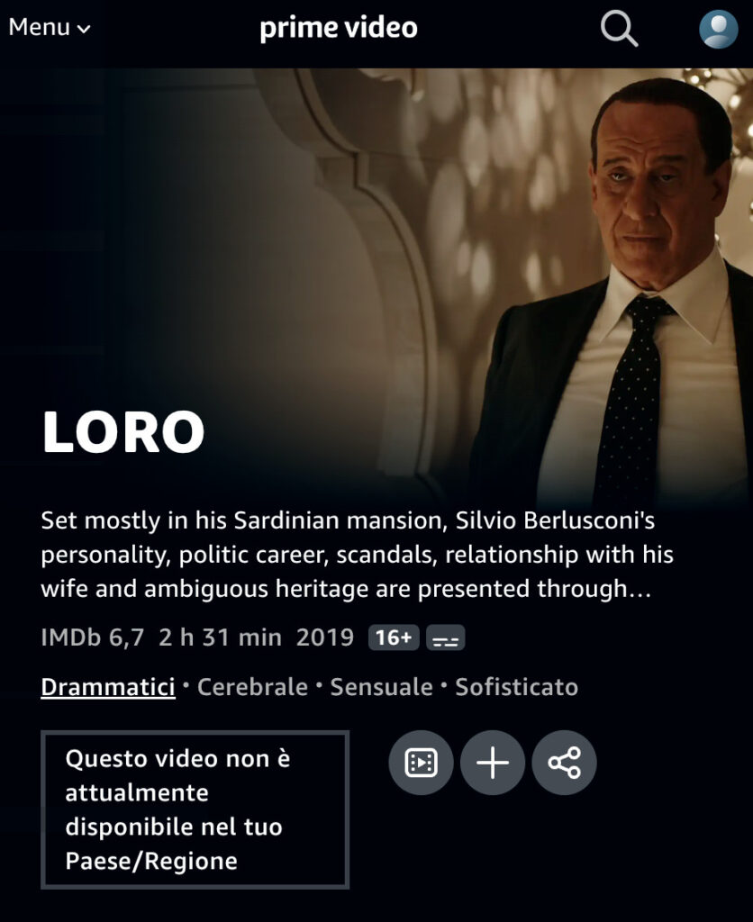 Pagina di Amazon Prime Video di Loro, il film su Berlusconi