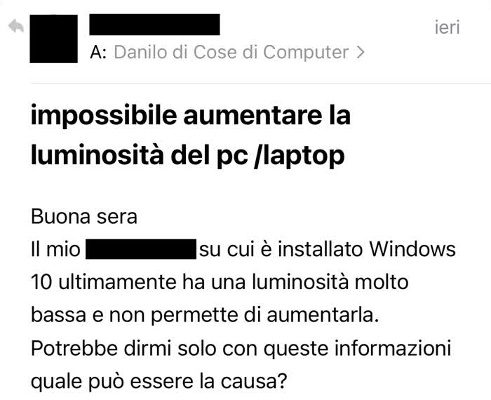 Email in cui misi chiede come risolvere il problema della luminosità bassa del PC