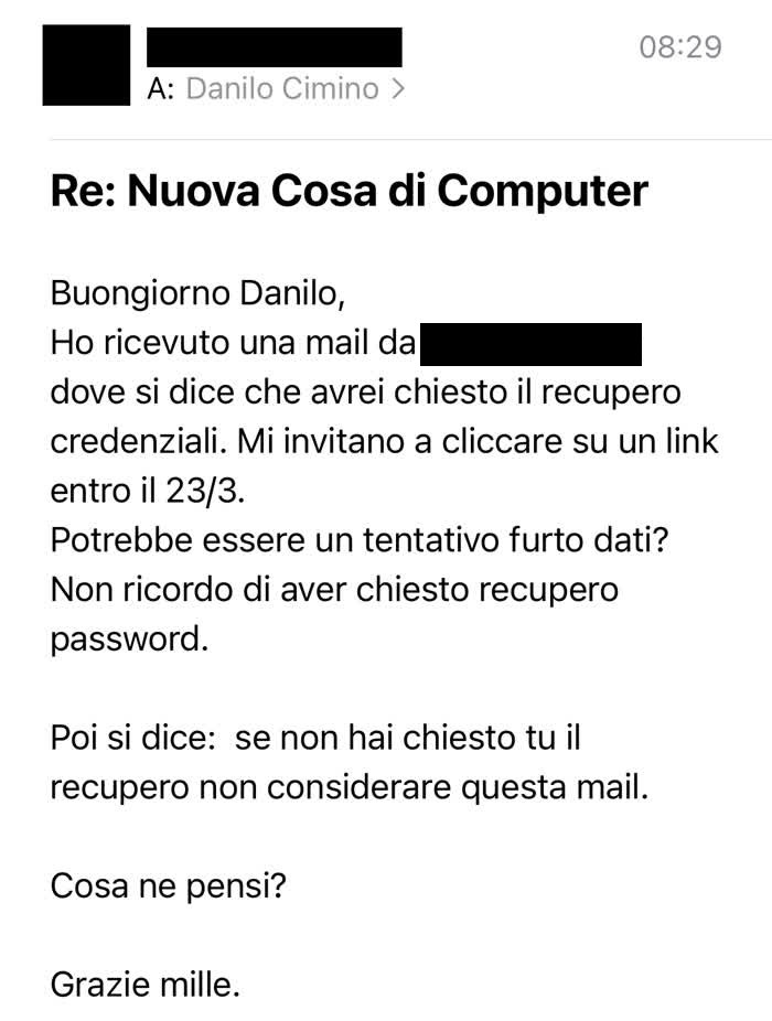 Mail di recupero credenziali - richiesta di cosa di computer