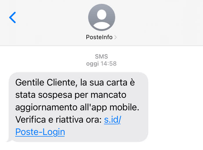 SMS di "PosteInfo" che mi avvisa che la carta è stata sospesa