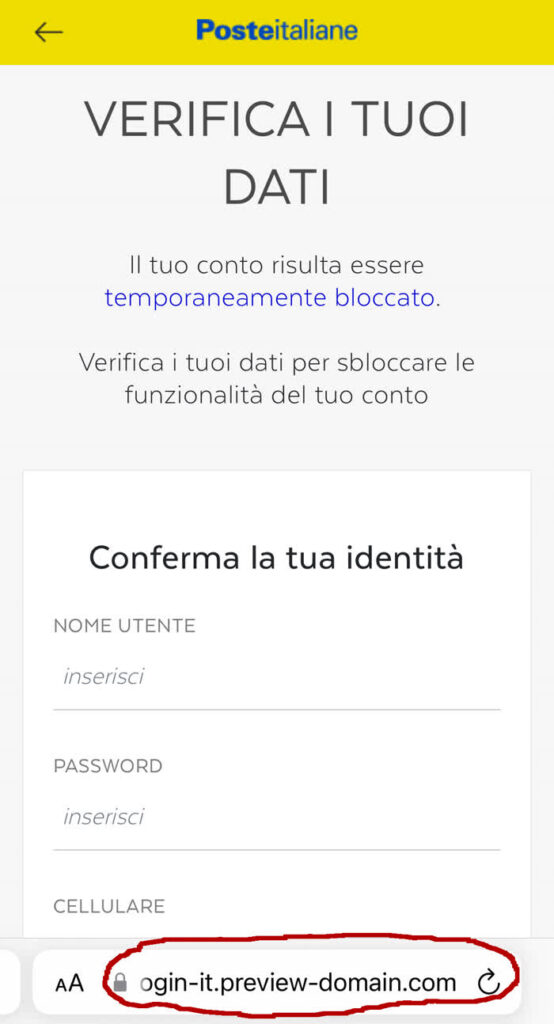 Finta pagina di autenticazione di Poste Italiane