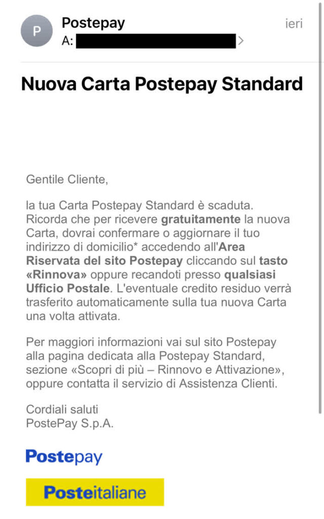 Schermata di una mail di rinnovo della PostePay scaduta, legittima