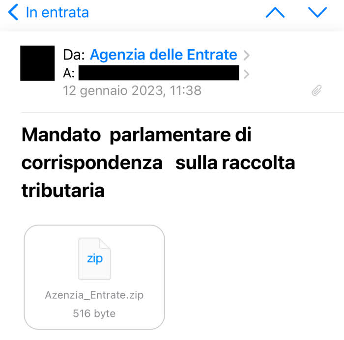 Una delle mail false dall'Agenzia delle Entrate che mi hanno inoltrato