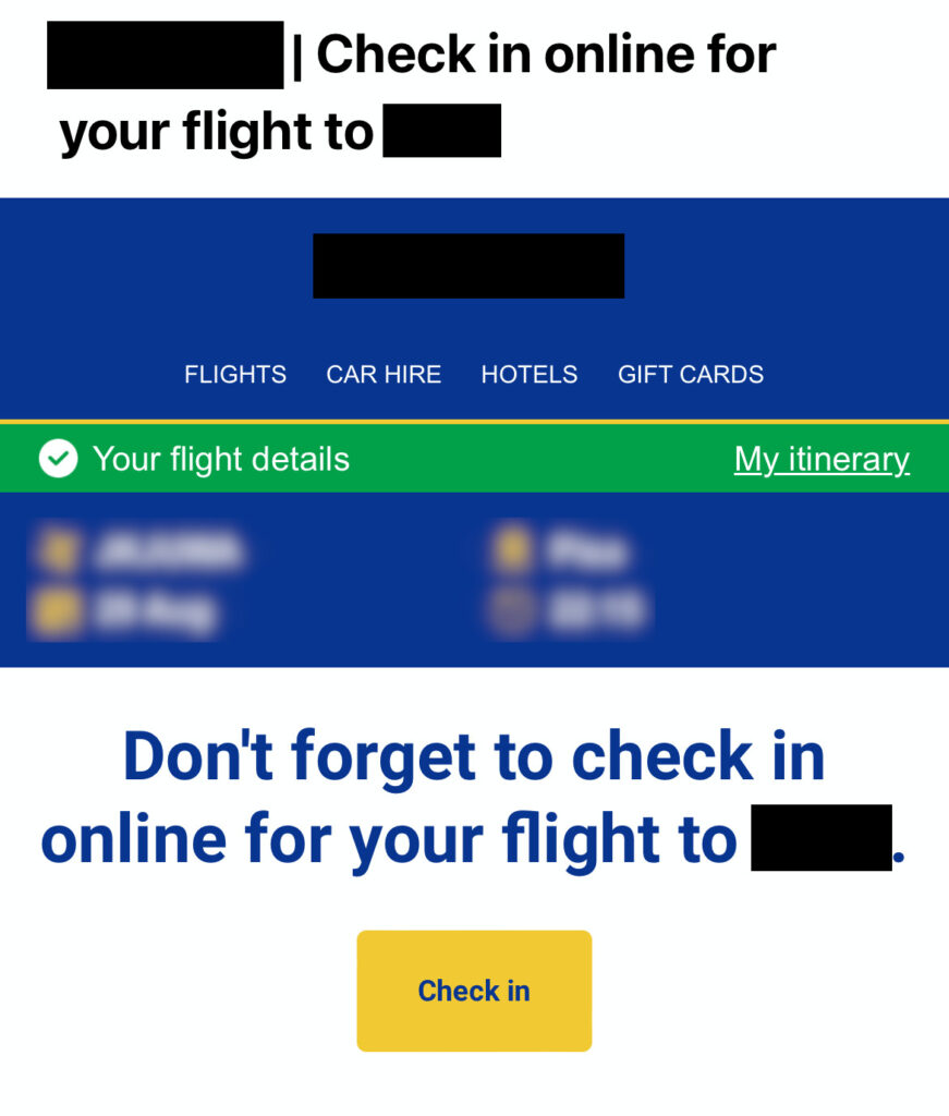 Come risparmiare sui voli - La mail mandata prima che il check-in sia gratuito