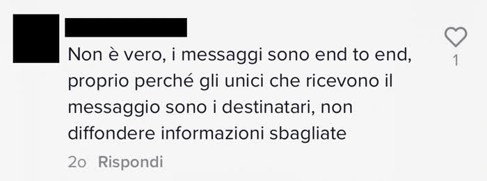 Commento che riguarda i messaggi end to end su WhatsApp