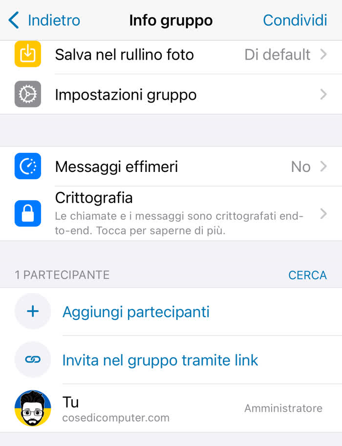 Messaggio a se stessi su WhatsApp - Schermata informazioni di un gruppo WhatsApp con un singolo membro