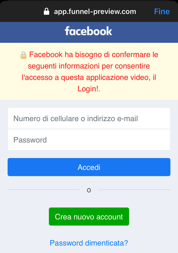 Messaggio di phishing da Messenger - Pagina a cui punta il link contenuto nel messaggio