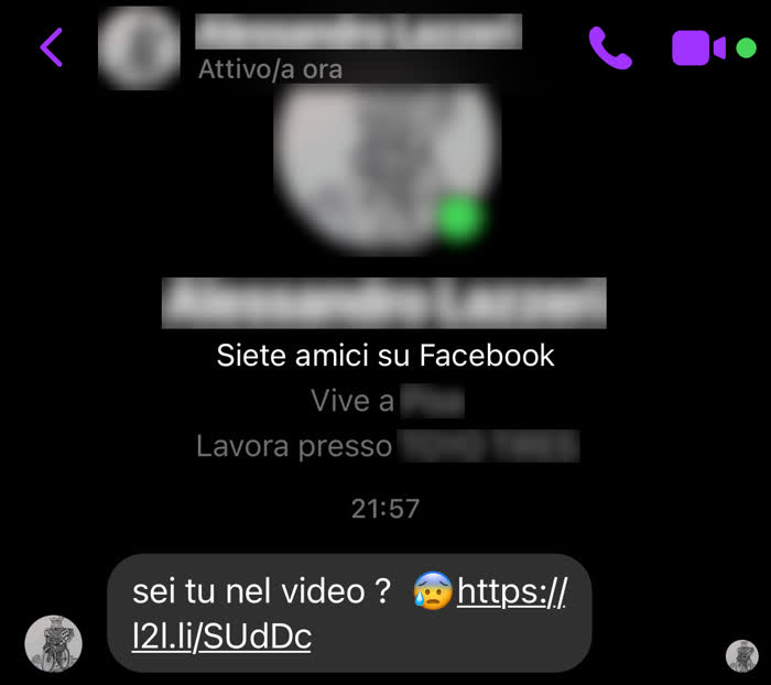 Messaggio di phishing da Messenger