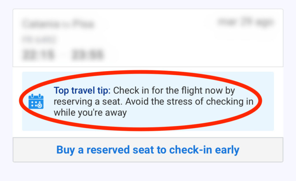 Come risparmiare sui voli - Il messaggio che cerca di convincerti a comprare il posto per evitare lo stress