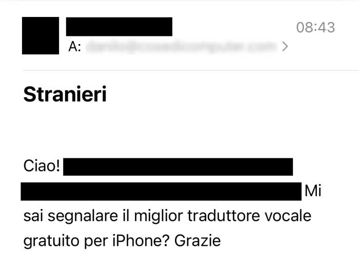 Email in cui mi si chiede quale sia il miglior traduttore vocale gratuito per iPhone