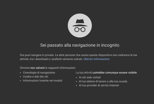 Scheda di un browser che offre la navigazione in incognito