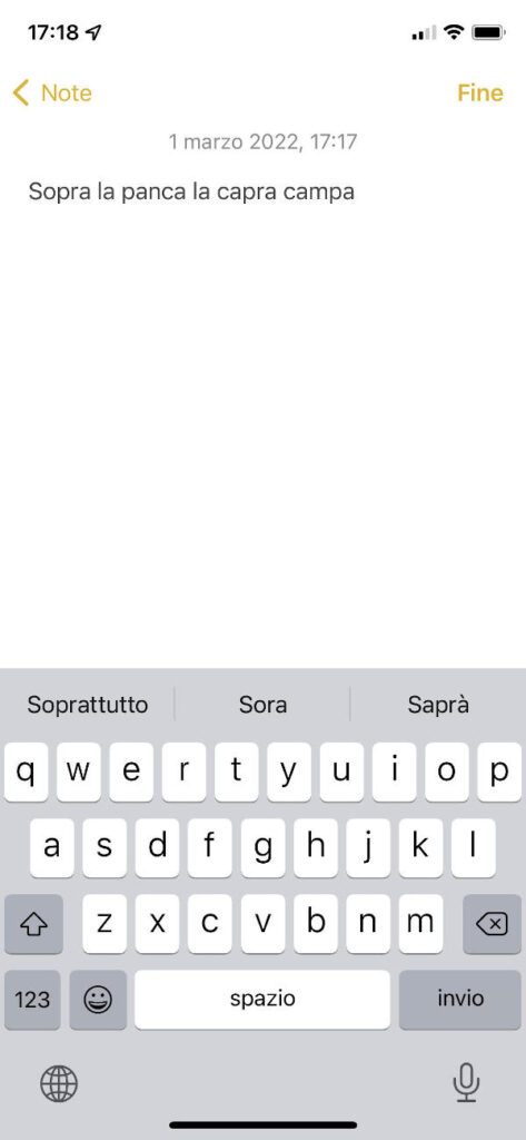 Informatica di base - Schermata dell'app "Note" di iOS