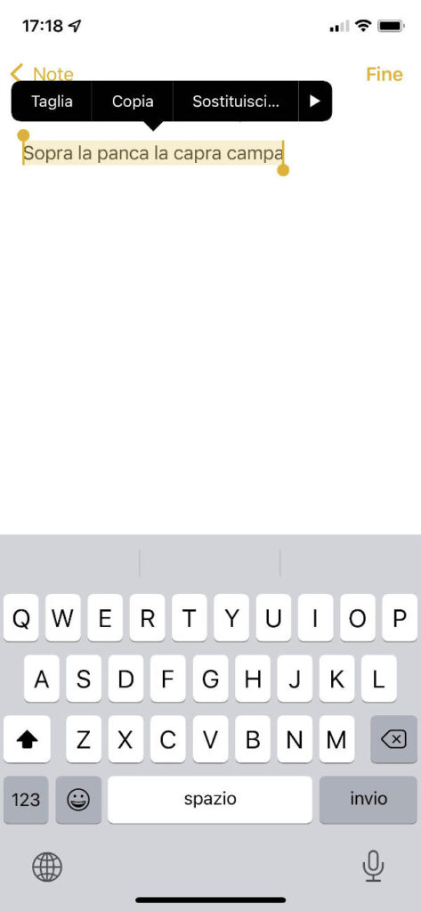 Informatica di base - Schermata dell'app "Note" di iOS
