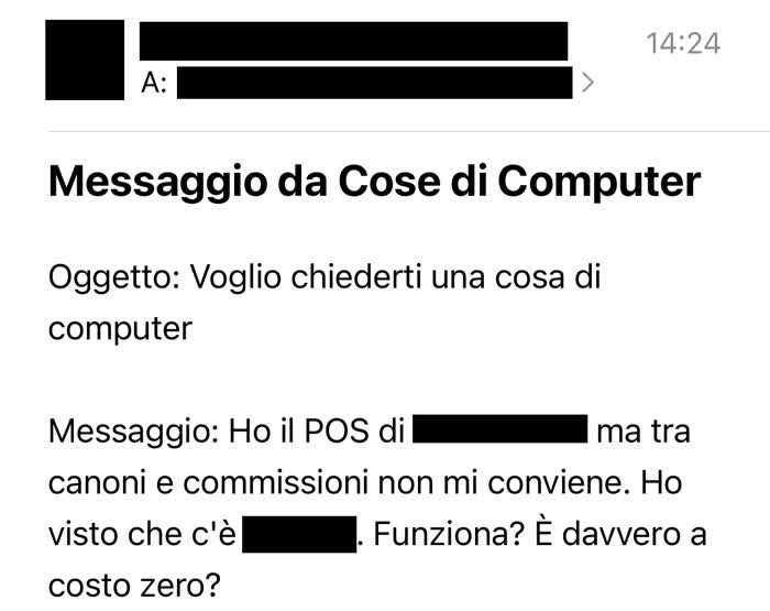 Messaggio in cui mi si chiede come risparmiare visto l'obbligo POS