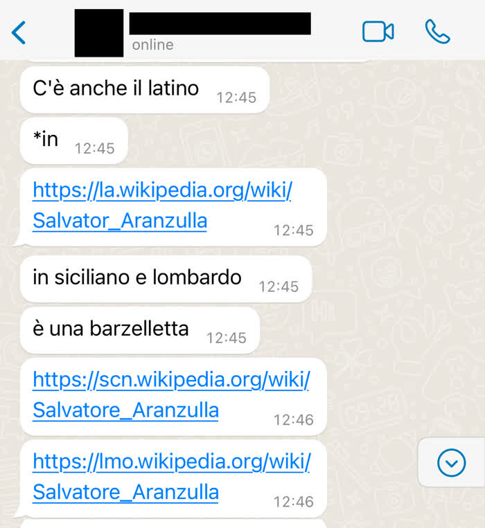 Messaggio contenente i link alle pagine Wikipedia di Salvatore Aranzulla