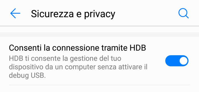 Passare le foto dal telefono al computer se hai un Android: schermata dell'app impostazioni che consente di abilitare HDB