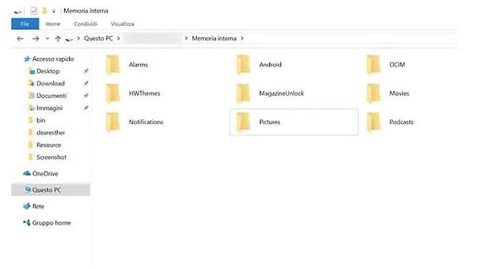 Passare le foto dal telefono al computer se hai un Android ed un PC Windows: schermata di Windows della cartella dal quale puoi trasferire le foto