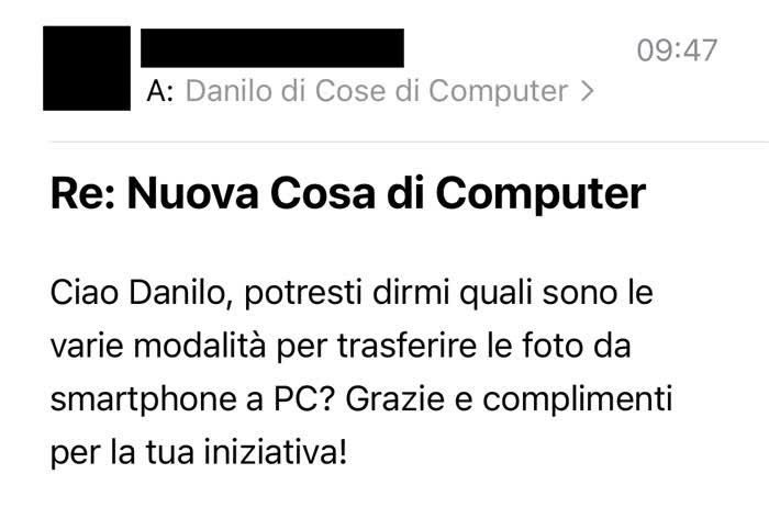 Email in cui mi si chiede come passare le foto dal telefono al computer