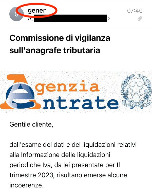 Una mail di phishing dall'Agenzia delle Entrate