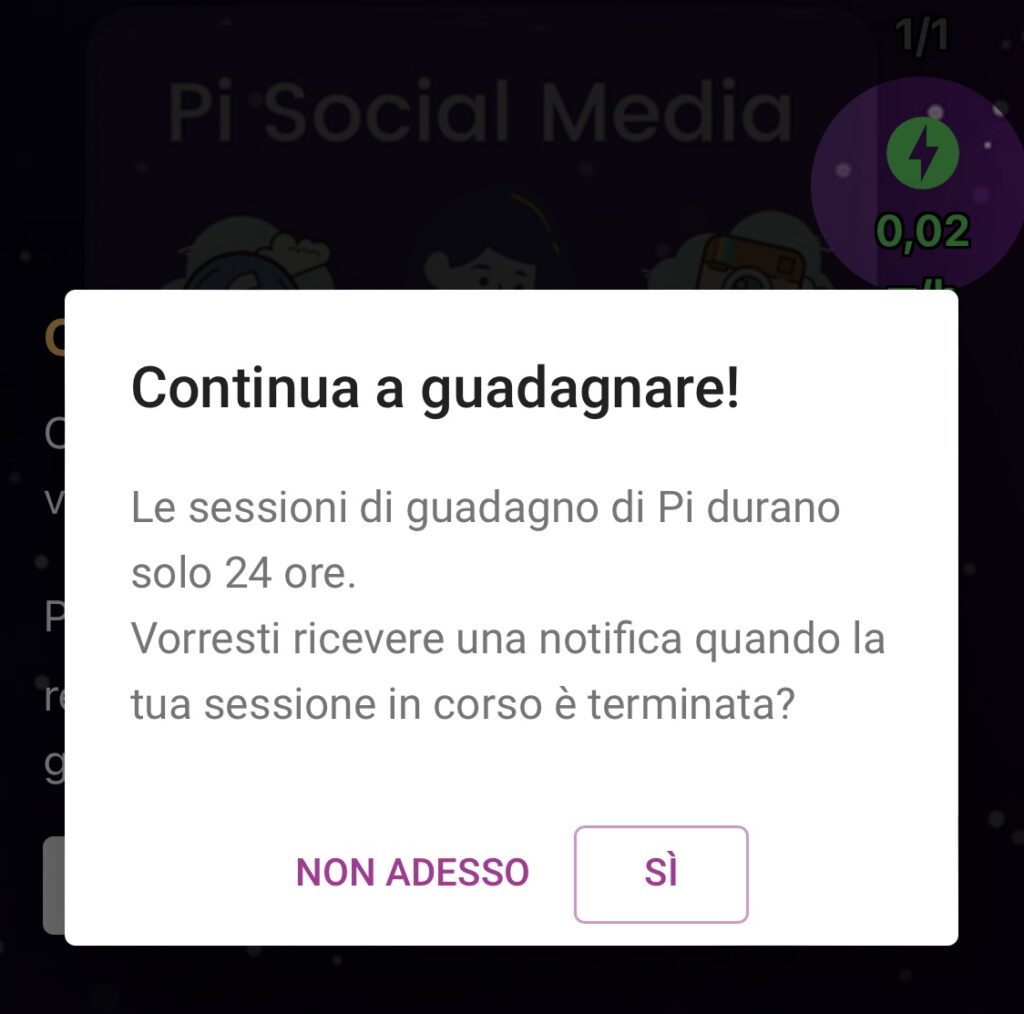 Schermata dell'app Pi Network che chiede l'attivazione delle notifiche