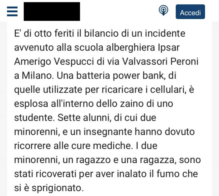 Notizia di cronaca che racconta di 8 feriti dovuti ad un powerbank che esplode