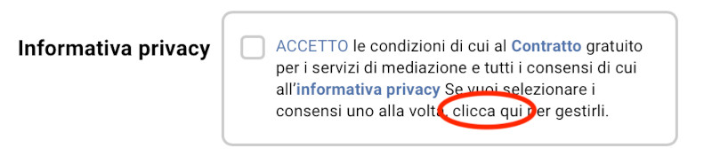 Privacy termini e condizioni: un esempio di link per revocare il consenso poco visibile