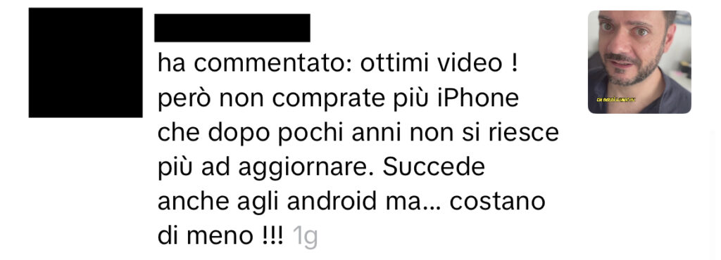 Quanto dura un cellulare? Commento in cui si sconsiglia di comprare iPhone perché dopo pochi anni non si riesce più ad aggiornare