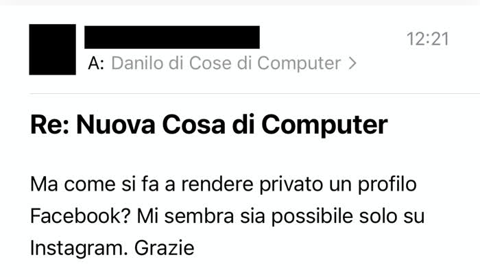 Mail in cui mi si chiede come rendere Facebook privato