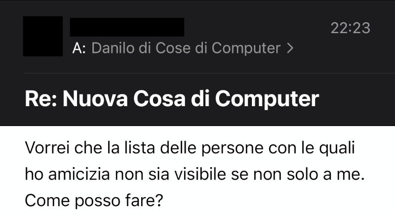 Mail in cui mi si chiede come rendere privata la lista degli amici che si hanno su Facebook