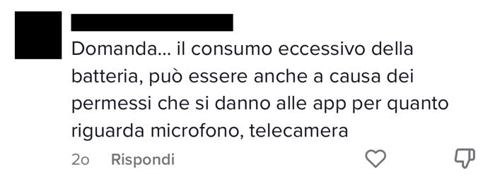 Commento in cui mi si chiede come ridurre il consumo della batteria del cellulare