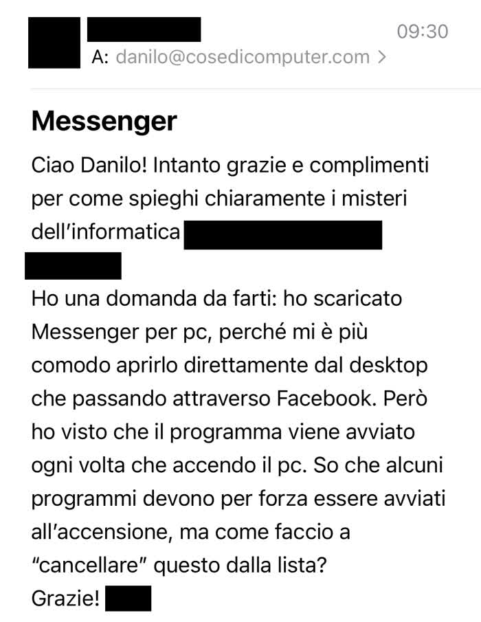 Mail in cui misi chiede come rimuovere l'avvio automatico dei programmi