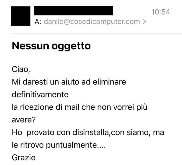 Mail in cui mi si chiede come rimuoversi dalle mailing list