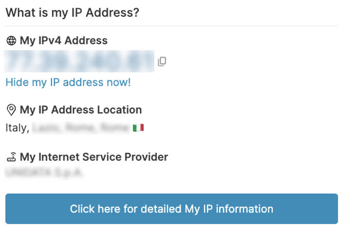 Schermata del sito ipaddress.com, che fornisce informazioni dettagliate sugli indirizzi IP