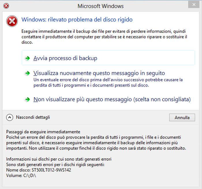 Riparare un hard disk esterno - Messaggio di Windows che avvisa il rilevamento di un problema su un hard disk esterno