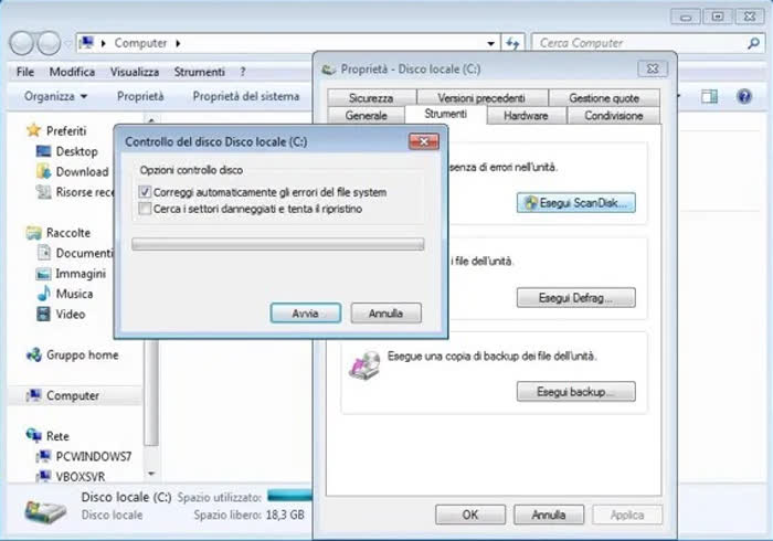 Schermata di ScanDisk, il programma di Windows 7 che consente di riparare un hard disk esterno