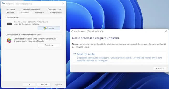 Schermata dell'utility di controllo degli errori, il programma incluso in Windows dalla versione 8 in su che consente di riparare un hard disk esterno